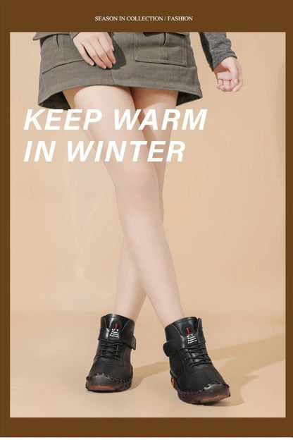 Person wearing black boots with text 'Keep Warm in Winter' on a beige background