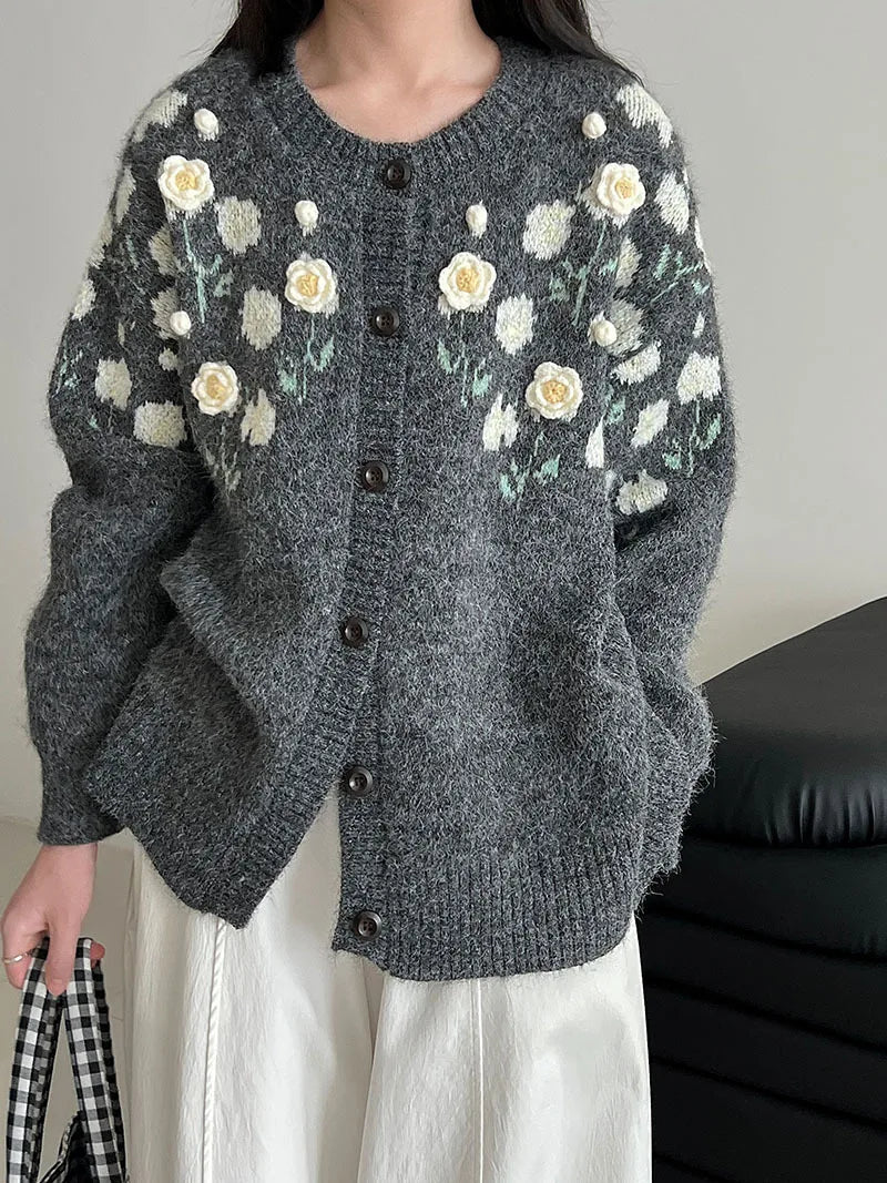 Floral Embroidered Knit Cardigan – Autumn Casual Sweater for Women