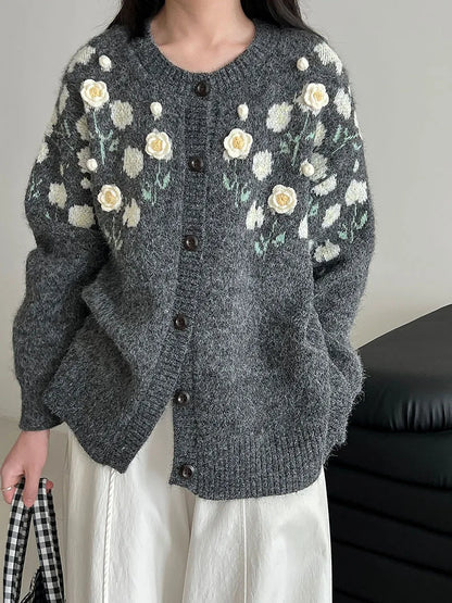 Floral Embroidered Knit Cardigan – Autumn Casual Sweater for Women