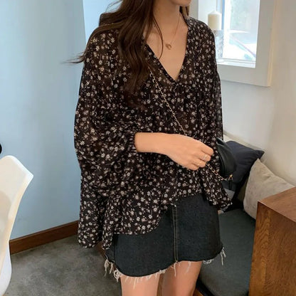 Spring Summer Chiffon V Neck Top For Women Lantern Long Sleeve Loose Pleated Blouse Korean Style Fashion