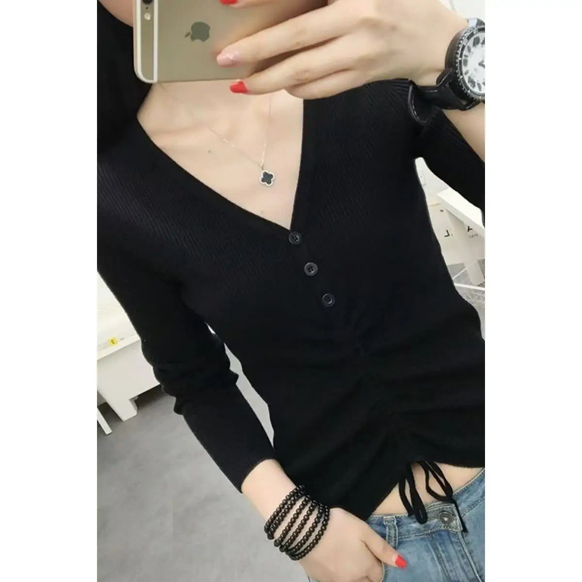 Women Drawstring V Neck Thin Sweaters