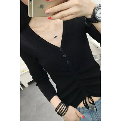 Women Drawstring V Neck Thin Sweaters