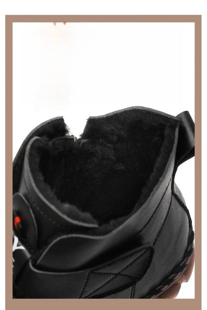 Close-up of a black shoe with fur lining on a white background