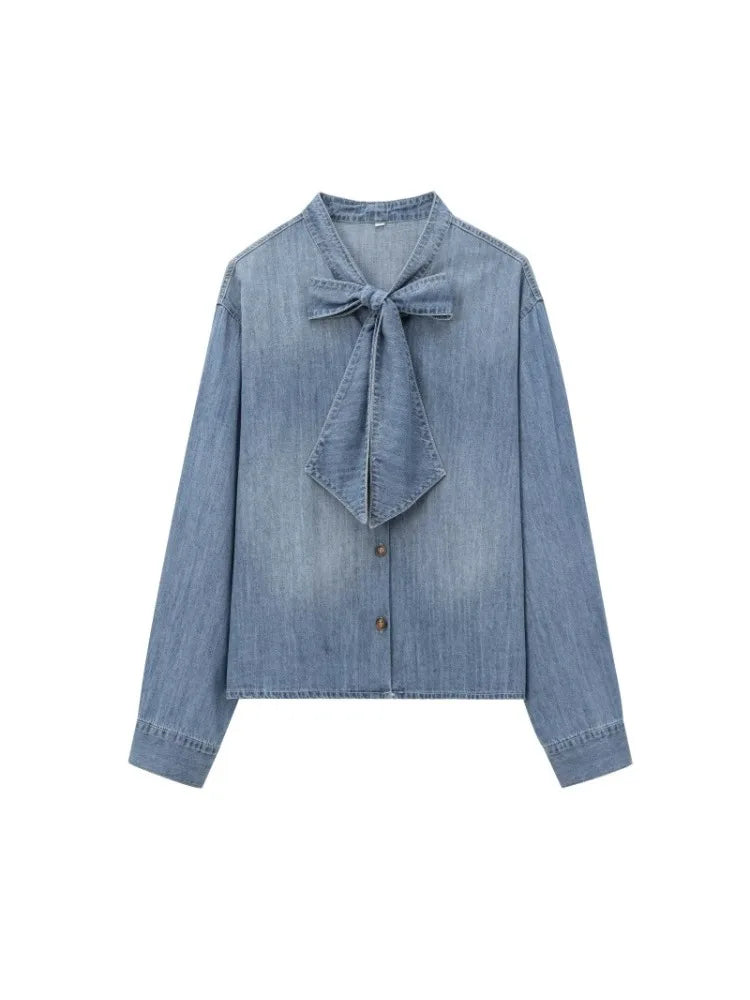 Trendy Imitation Denim Blouse For Women Long Puff Sleeves Bow Embellished High Neck Shirt