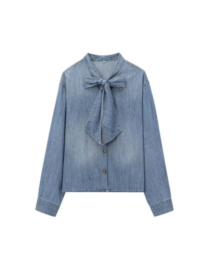 Trendy Imitation Denim Blouse For Women Long Puff Sleeves Bow Embellished High Neck Shirt