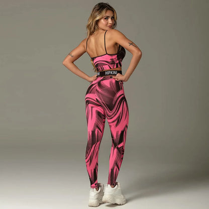 Red Printed Mesh Sportswear Set: Tank Top & Leggings for Women