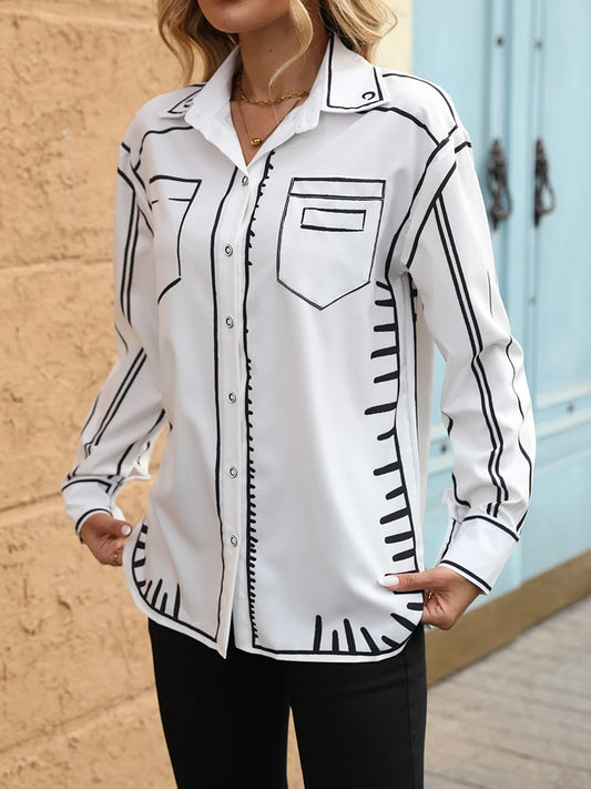 Summer Casual Off Shoulder Sleeveless Abstract Printed Womens Blouse Slim Fit Turn Down Collar Single Breasted Femme Top