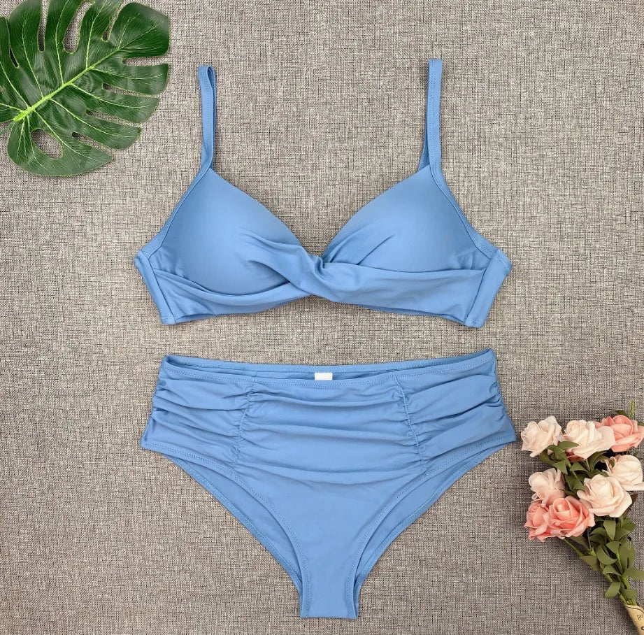 Spaghetti Strap High Waist Bikini Set For Women Padded Pleated Swimsuit Solid Color