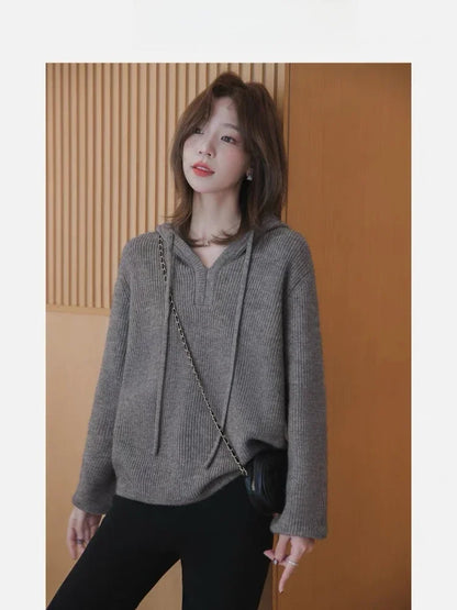 Women Clothing Autumn Knitted Design Hooded Sweaters