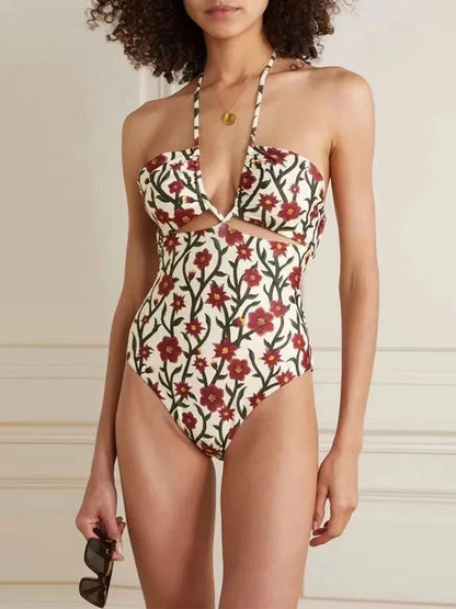 Vintage Floral Cut-Out Halter One Piece Swimsuit Aesthetic