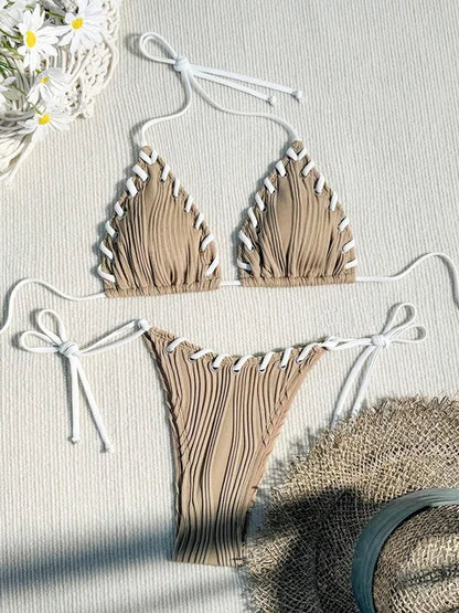 Wrinkled Weave Edge Two Piece Halter Bikini