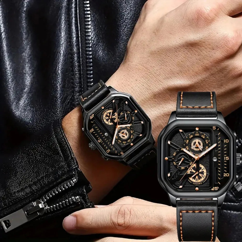 Mens Mechanical Dial Square Case Leather Band Casual Watches