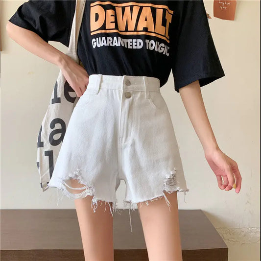 90s Grunge Aesthetic: Distressed High-Waist White Denim Shorts