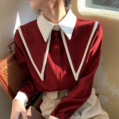 Korean Style Preppy Long Sleeve Shirt – Color Block Lapel Slimming Loose Fit Top for Women, Spring & Autumn Fashion