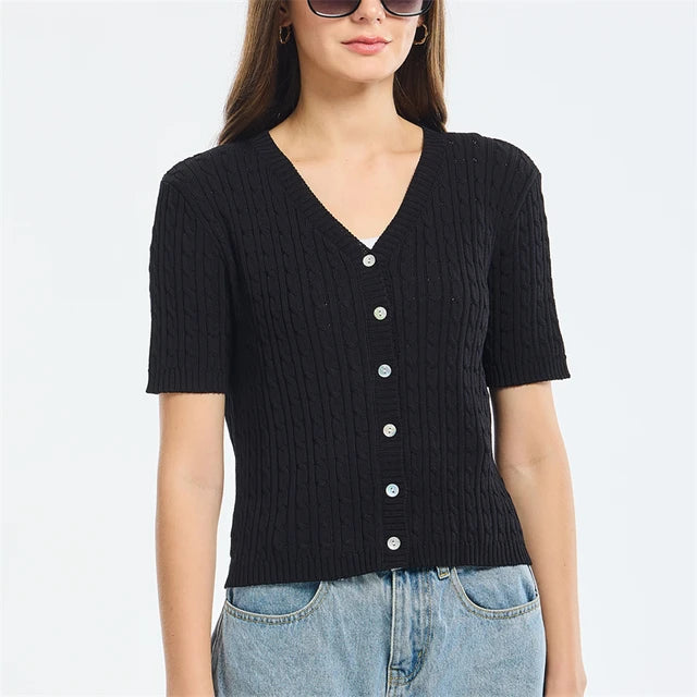 Thin Cardigan for Women, Summer Cropped Button V-Neck Short Sleeve Knitted Top, Slim Sweater Tops, Women's Knitwear