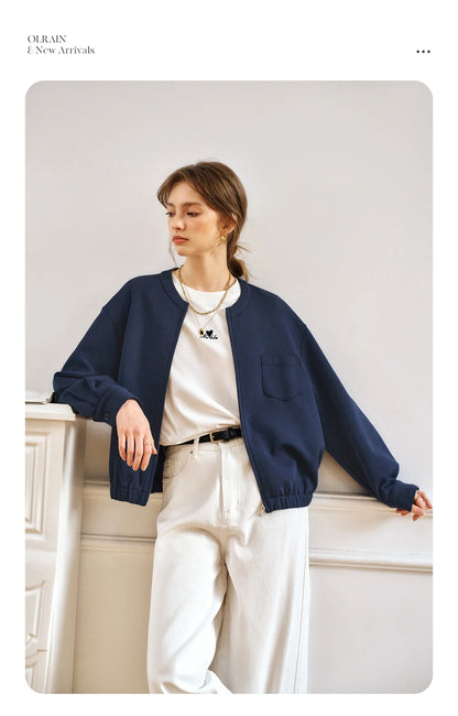 Navy Blue Cotton Blend Air Layer Casual Jacket Outerwear for Woman