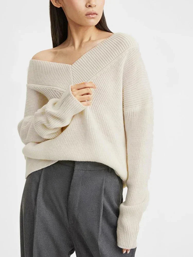 Womens V Neck Grey Knitted Loose Sweaters