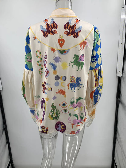 2025 Spring Women's Personalized Graffiti Print Lapel Cardigan Shirt – Lantern Sleeve Trendy Top