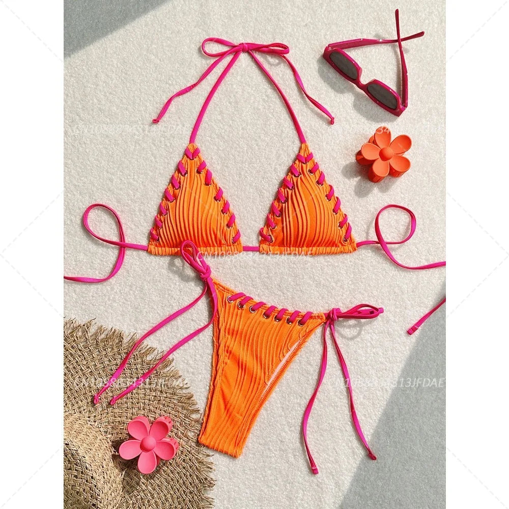 Minimalist Cream Lace-Up Plisse Bikini Aesthetic