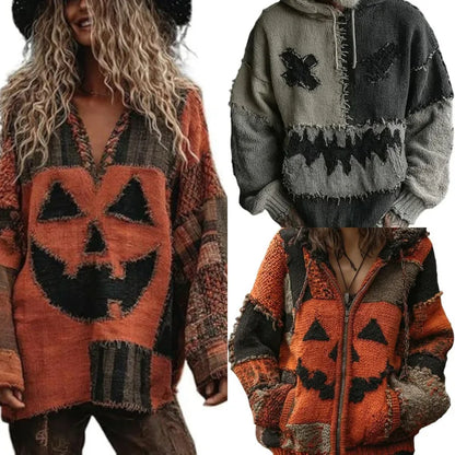 Halloween Knitted Sweater For Women Autumn Gothic Pumpkin Print Streetwear Harajuku Winter Warm Loose Casual Pullover