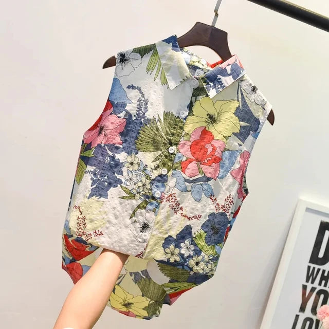 Flower Floral Printing Polo-Neck Blouse