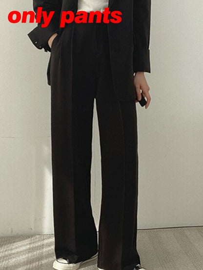 Casual Solid Blazer Suit Women High Waist Straight Pants Office Outfits