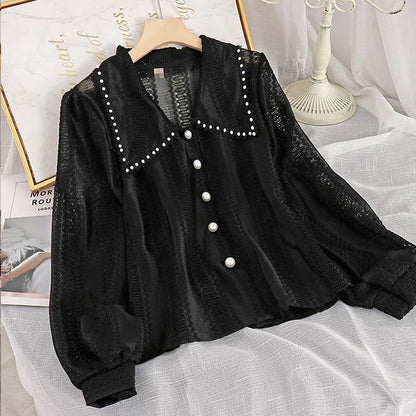 Romantic Heritage: Lace-Up Peter Pan Collar Cardigan Blouse