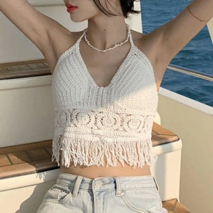 2025 Handmade Knit Crochet Crop Top Sexy Halter Camisole Push Up Beach Tank For Women Yoga Wear