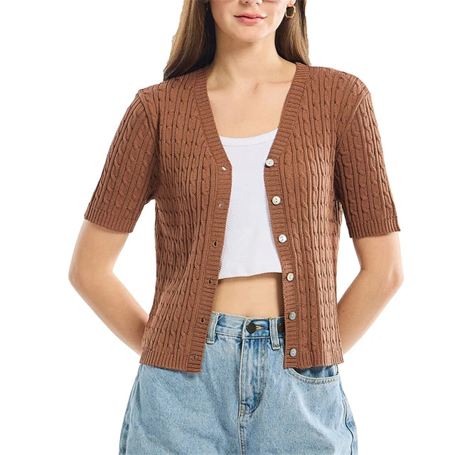 Thin Cardigan for Women, Summer Cropped Button V-Neck Short Sleeve Knitted Top, Slim Sweater Tops, Women's Knitwear