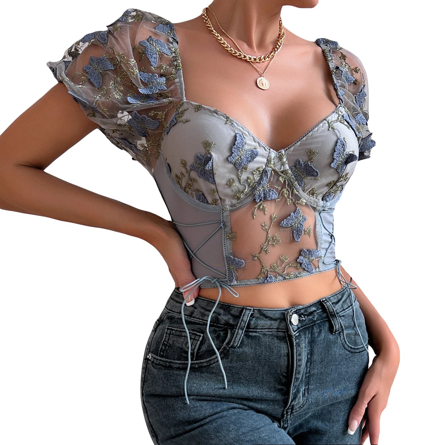 Ethereal Romanticism: Butterfly Embroidery Puff-Sleeve Cropped Blouse