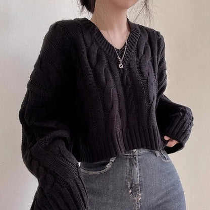 Korean Fashion Sequin Corset Sweater O Neck Solid Knit Pullover Casual Long Sleeve Short Top For Women
