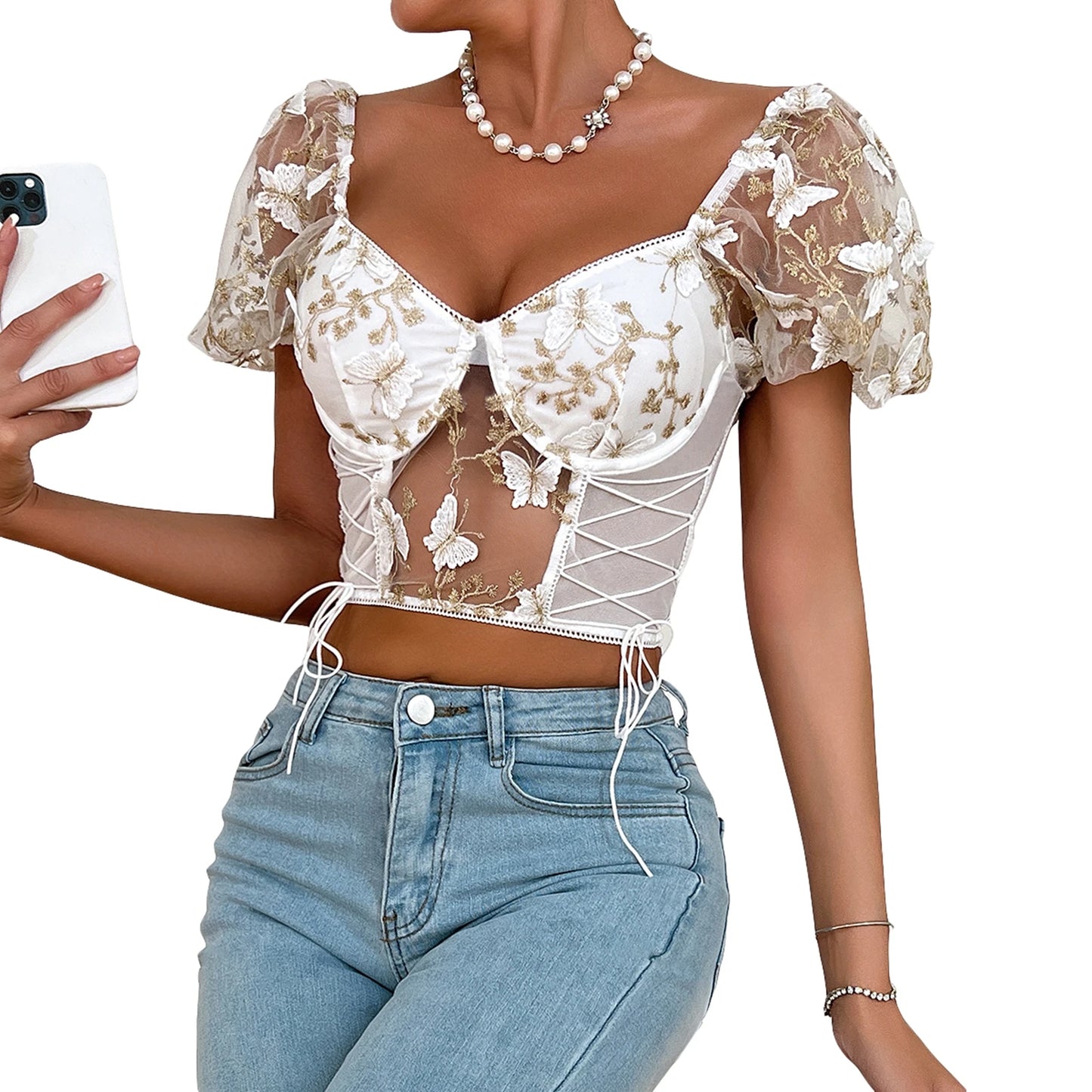 Ethereal Romanticism: Butterfly Embroidery Puff-Sleeve Cropped Blouse