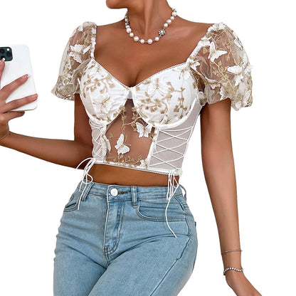 Ethereal Romanticism: Butterfly Embroidery Puff-Sleeve Cropped Blouse