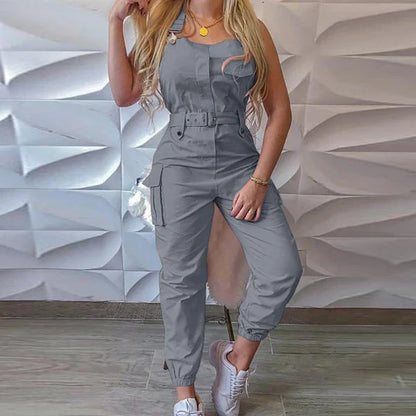 2025 Women S Casual Cargo Jumpsuit Sleeveless O Neck Playsuit With Pocket Belt Loose Pencil Pants