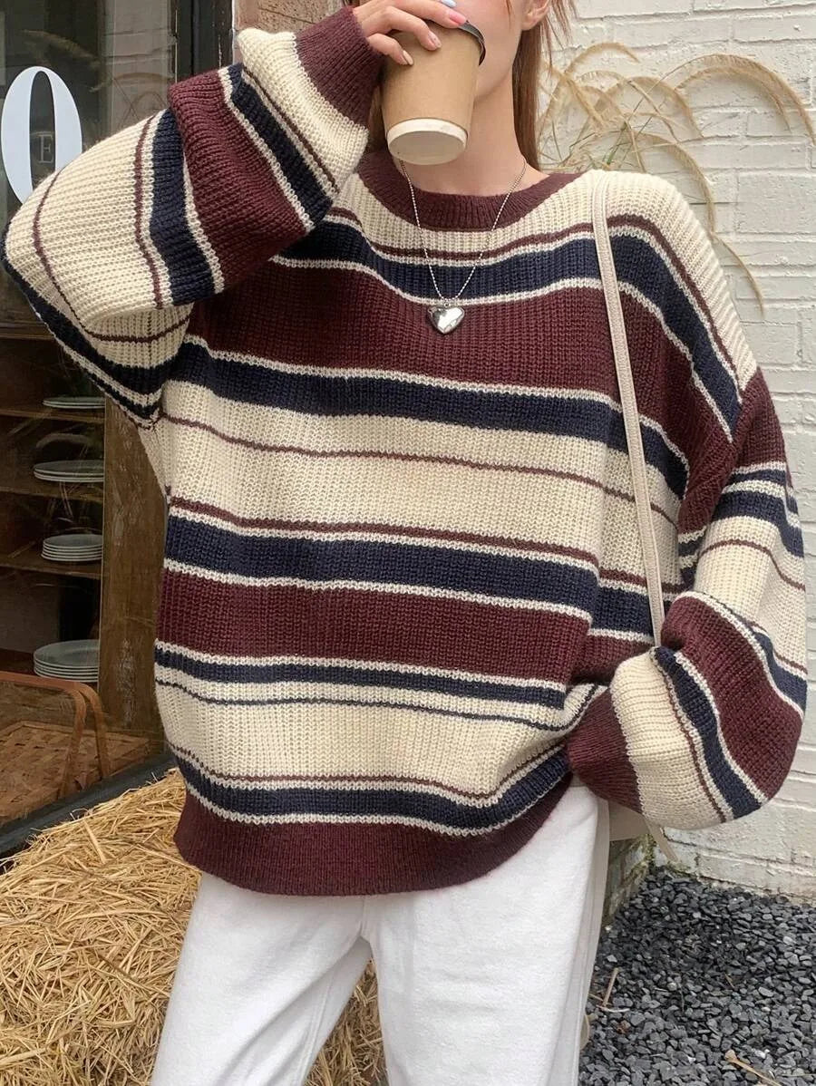 Womens Color Block Striped Loose Fit Winter Sweater