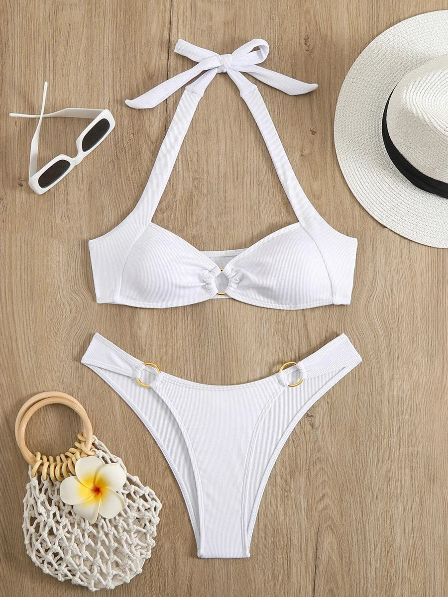 Chocolate Brown Ribbed Gold Ring Detail Halter Bikini Aesthetic