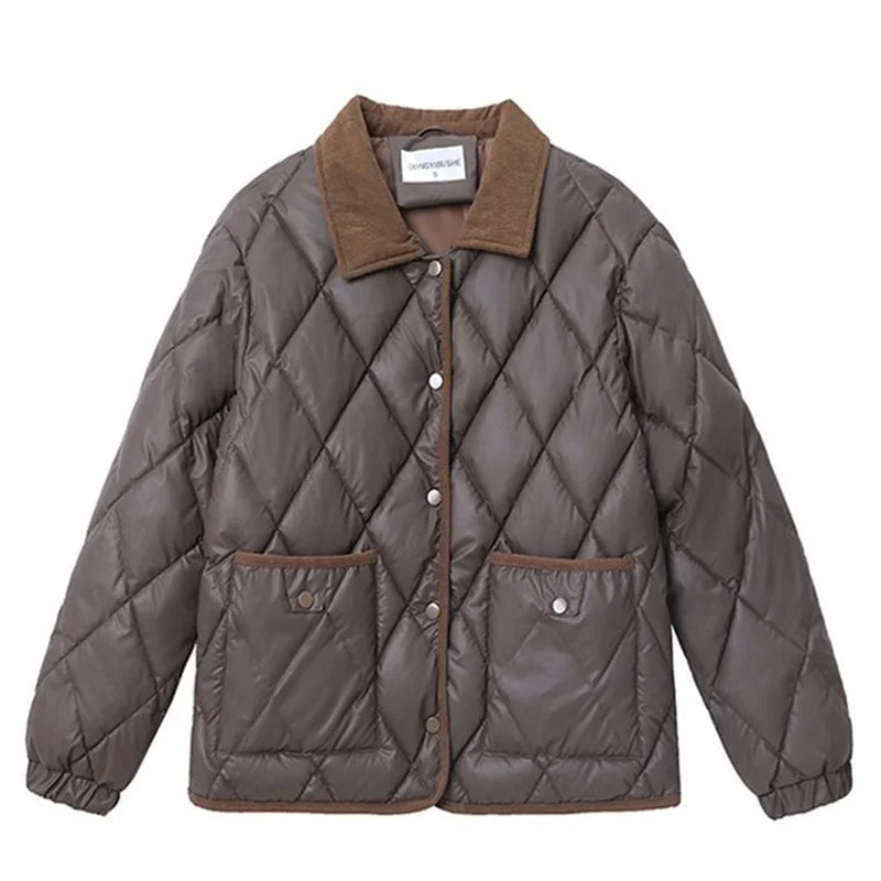 Quilted PU Leather Short Coat – Warm Rhombic Lattice Winter Jacket for Women