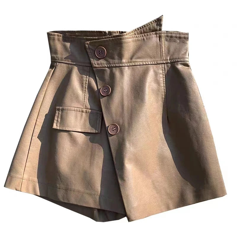 Button Decor Side Split Above Knee Length Fake Two Piece Women Skirt Shorts
