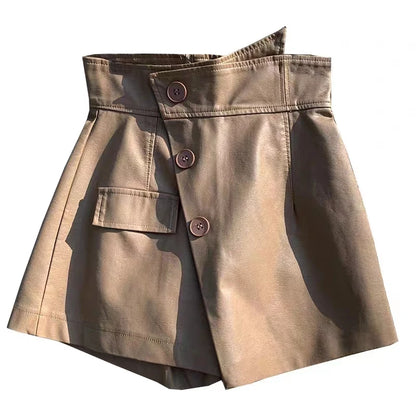 Button Decor Side Split Above Knee Length Fake Two Piece Women Skirt Shorts