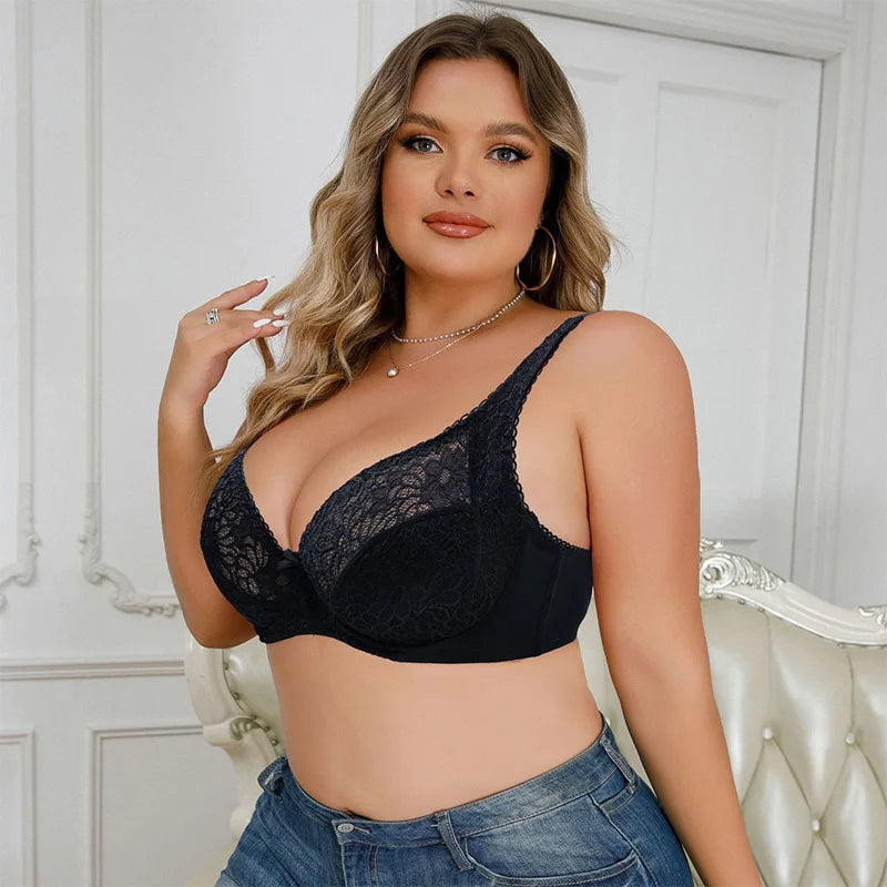Embroidery Lace Bra For Women Plus Size Sexy Thin Underwired Black Gray