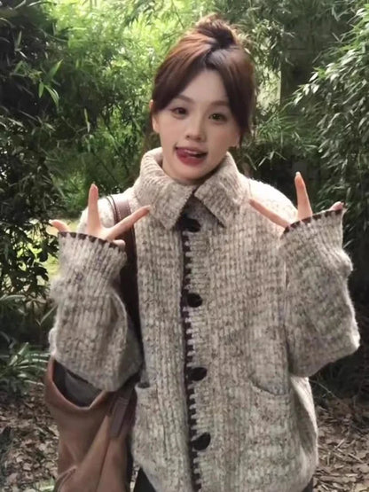 Vintage Knitted Cardigan For Women Kawaii Tweed Sweater Korean Retro Knitwear Autumn Winter Sweater Tops