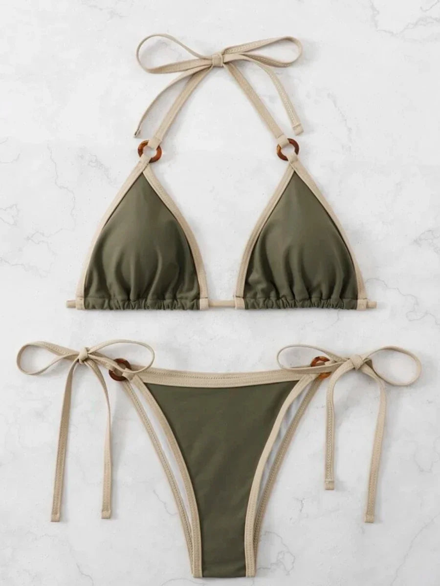 Olive and Beige Contrast Trim Tortoise Link Bikini Aesthetic