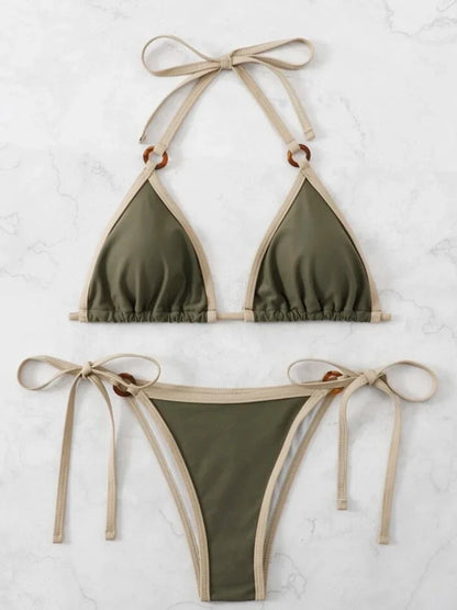 Olive and Beige Contrast Trim Tortoise Link Bikini Aesthetic