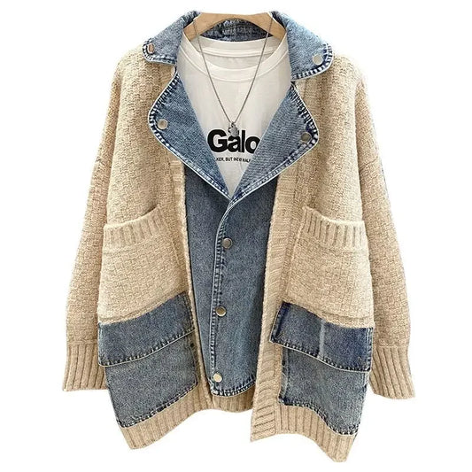 2025 New Autumn Winter Women Splicing Denim Jacket Long Sleeve Jean Jackets Female Loose Sweater Cardigan Jacket