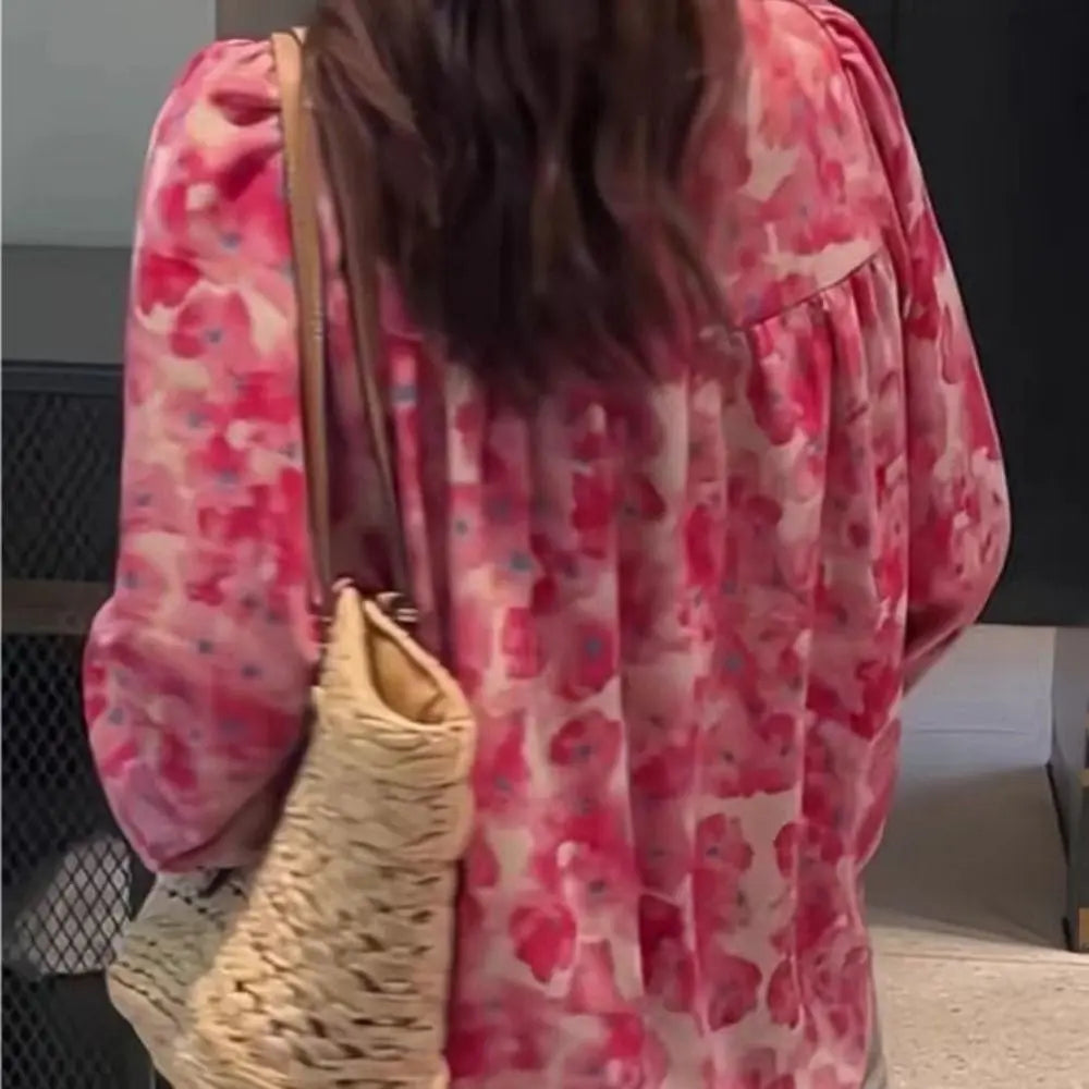 Flower Floral Printing Polo Neck Blouse