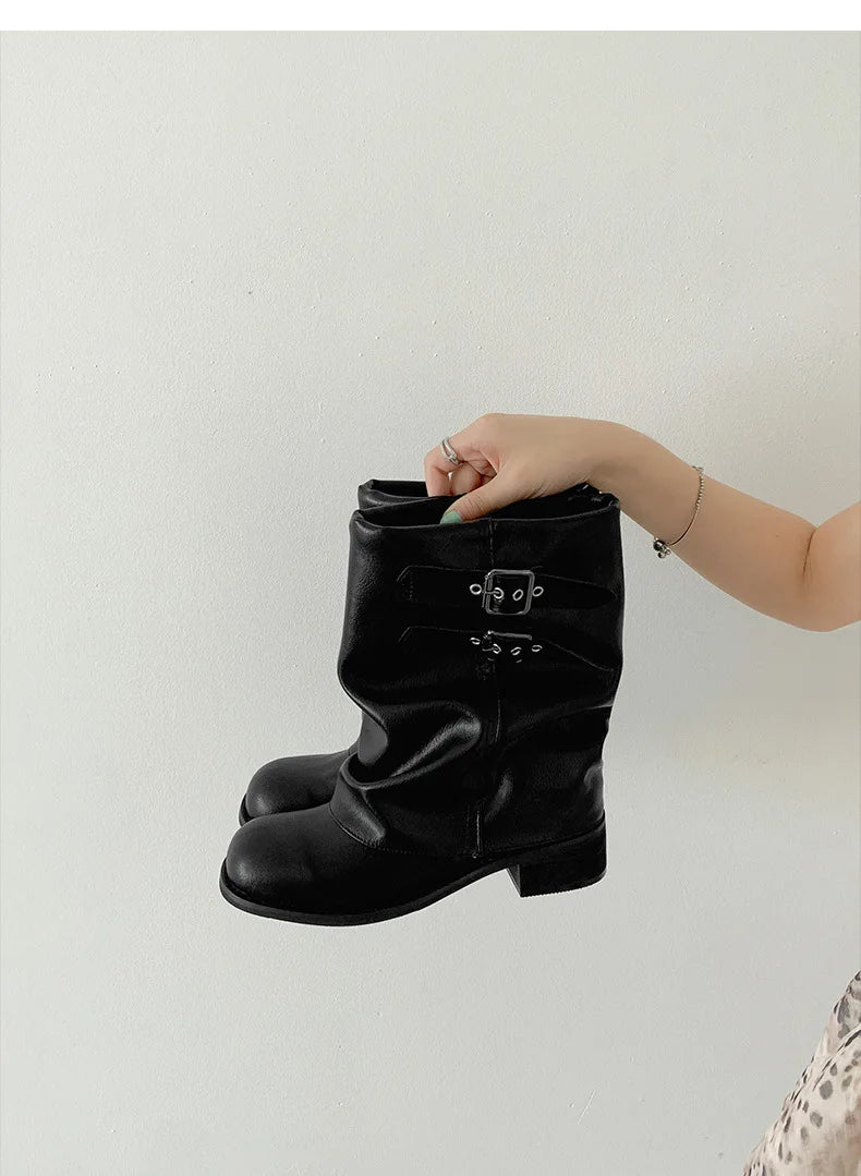 Vintage Western Cowgirl Boots 2025 - Buckle Strap Mid-Calf Boots for Women