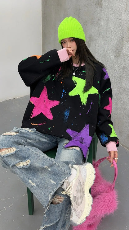 2025 Mens Fleece Sweater Long Sleeve Warm Loose Fit Pullover Multi Color Printed Korean Fashion