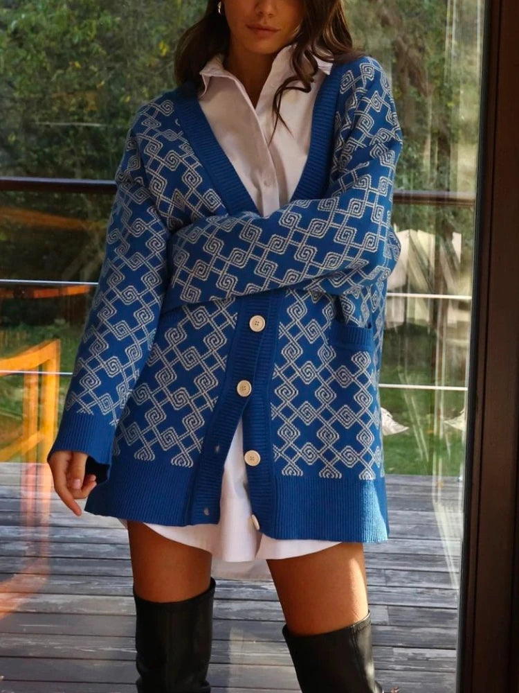 Geometric Jacquard V-Neck Knit Cardigan – Oversized 2025 Autumn/Winter