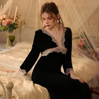 Womens Velvet Pajama Set Elegant Lace Nightgown Long Sleeve Robe For Cozy Winter Nights