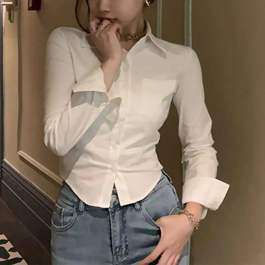 2024 Spring Office Lady White Shirt Korean Style Slim Button Up Work Blouse For Women
